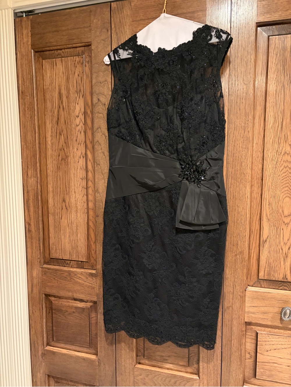 Teri Jon Black Lace Midi Dress with Satin Waist Accent